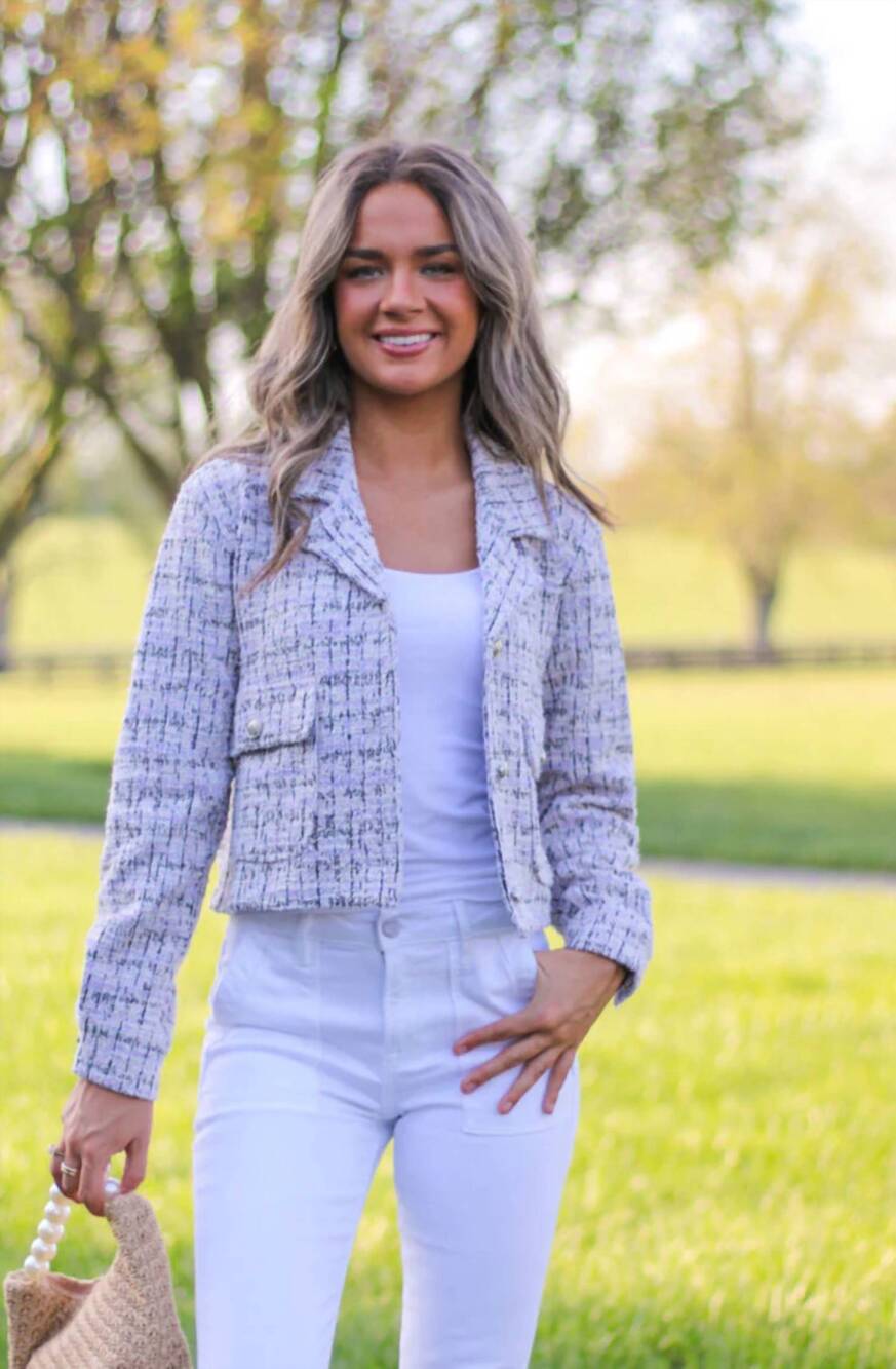 NEW MYSTREE elle woods tweed jacket in lavender/ivory
